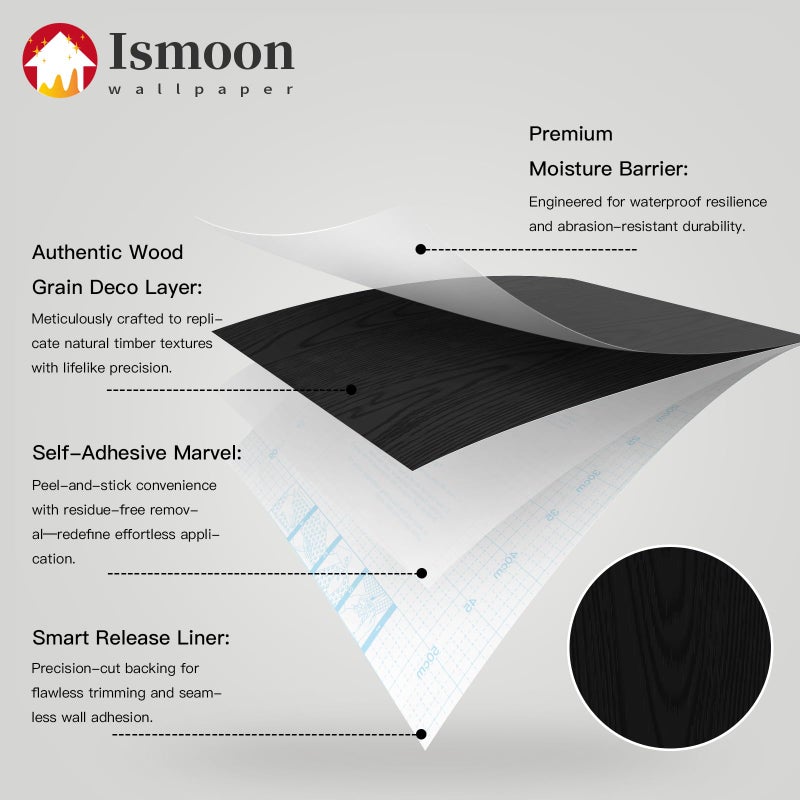 Ismoon Black Contact Paper Peel and Stick Wallpaper 17.5''x118''Wood Grain Contact Paper for Cabinets and Drawers Removable Self-Adhesive Modern Renter Friendly Wallpaper for Desk Countertops Vinyl - Image 2